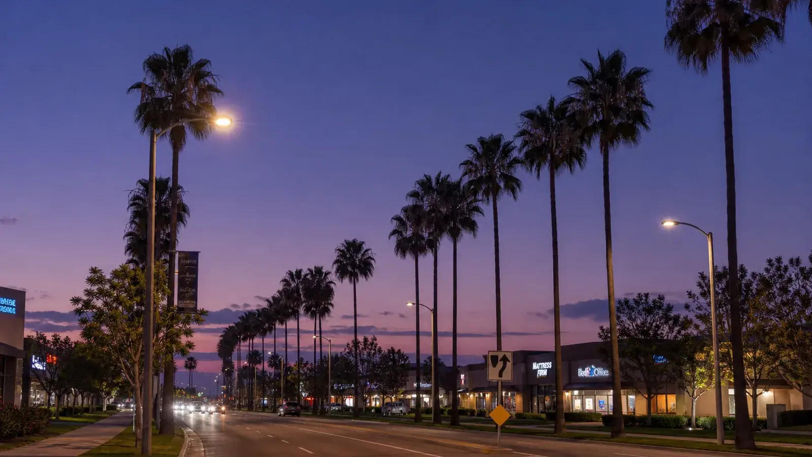 Anaheim evening skyline glow over palm boulevards — mommy makeover mood | SurgiSculpt®