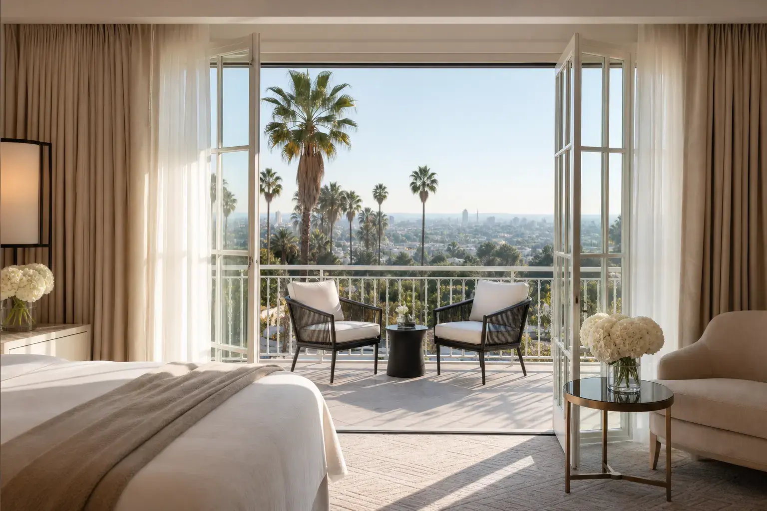 Calm Beverly Hills suite balcony morning light for BBL recovery mood | SurgiSculpt®
