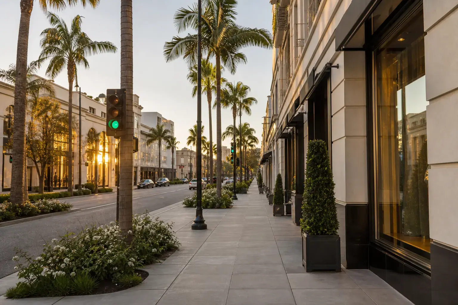 Beverly Hills palm-lined street at golden hour — HD Liposuction lifestyle context | SurgiSculpt®