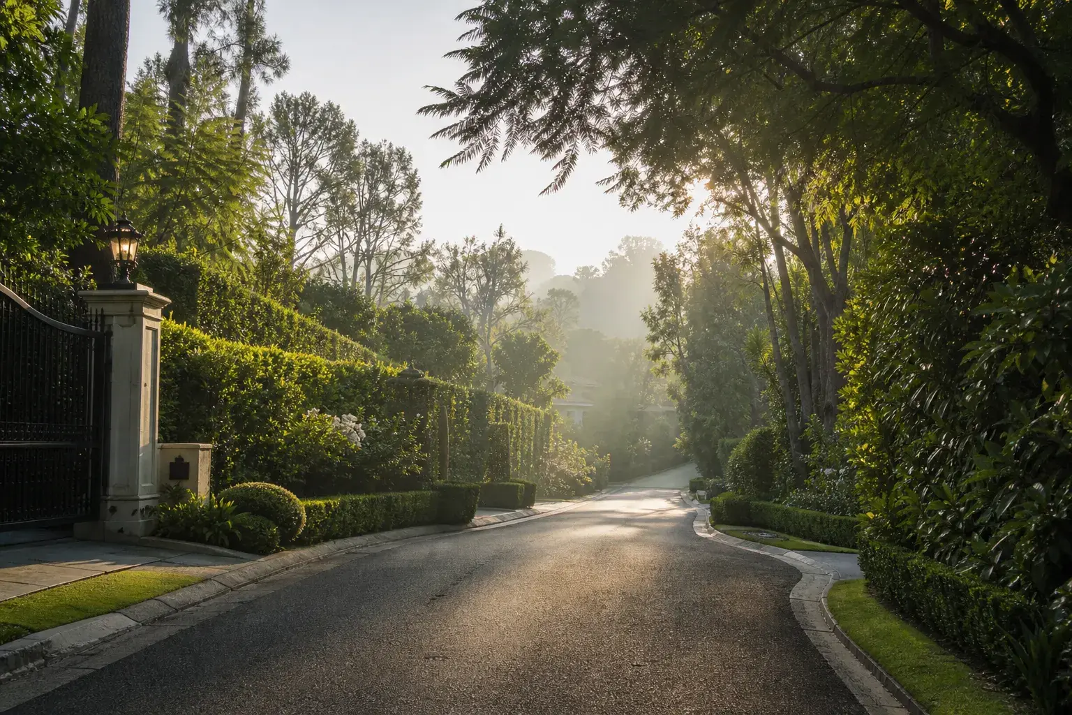 Quiet Beverly Hills canyon road morning light — HD lipo patient lifestyle | SurgiSculpt®