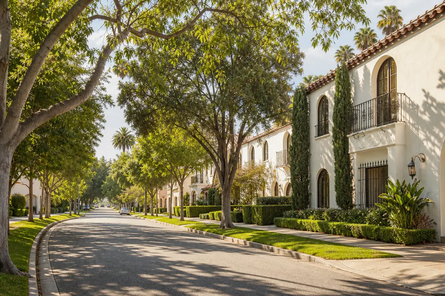 Tree-lined Beverly Hills residential street for mommy makeover lifestyle context | SurgiSculpt®