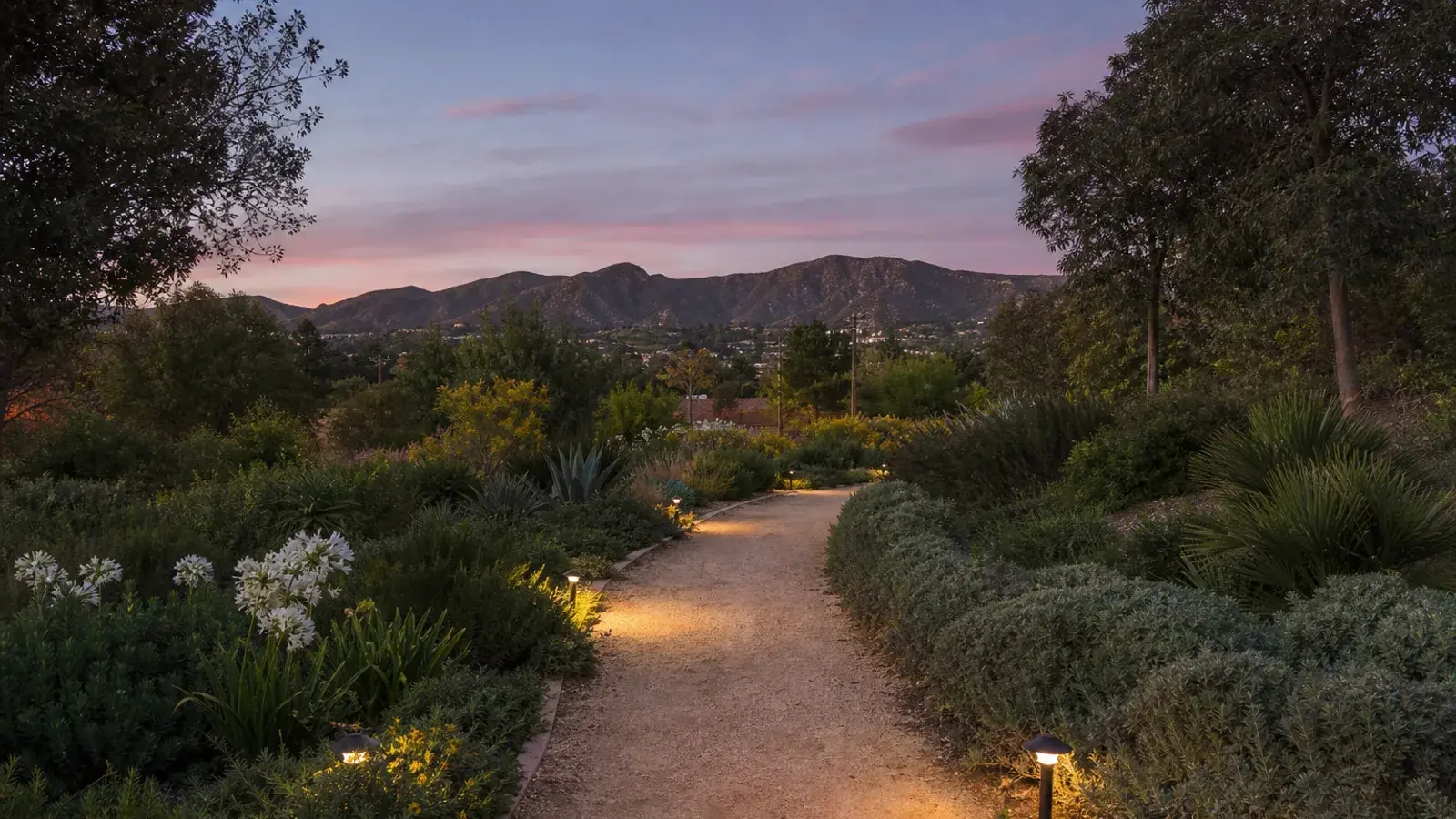Burbank twilight garden path near Verdugo foothills — breast augmentation recovery mood | SurgiSculpt®