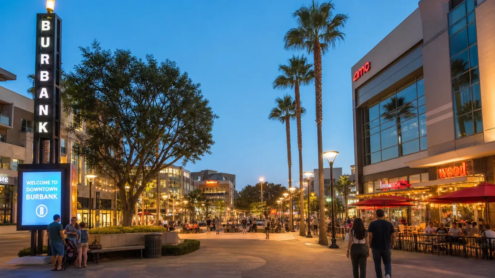 Downtown Burbank outdoor plaza at dusk — BBL recovery lifestyle context | SurgiSculpt®