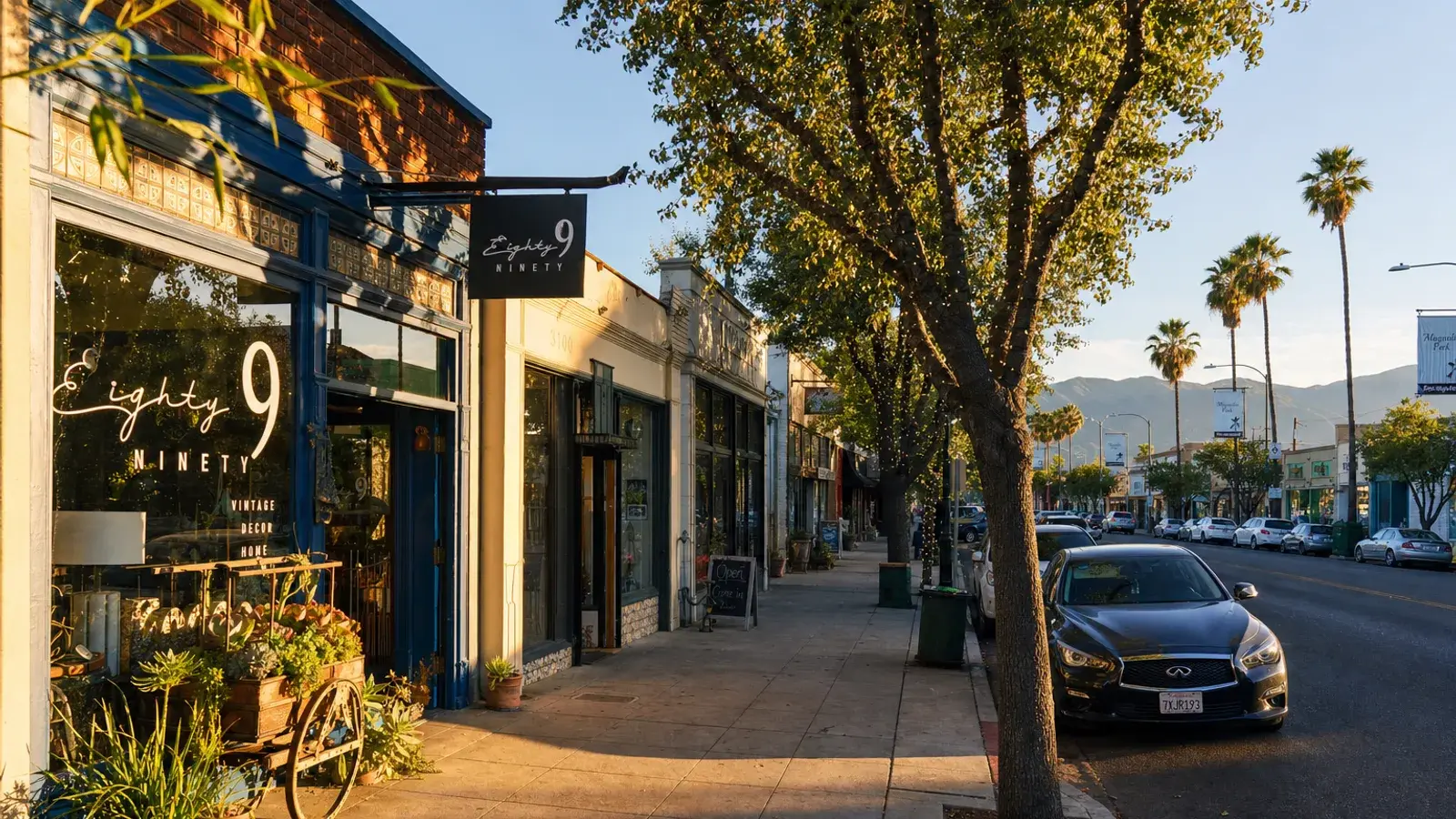 Magnolia Park Burbank retail street at golden hour — HD Liposuction lifestyle context | SurgiSculpt®