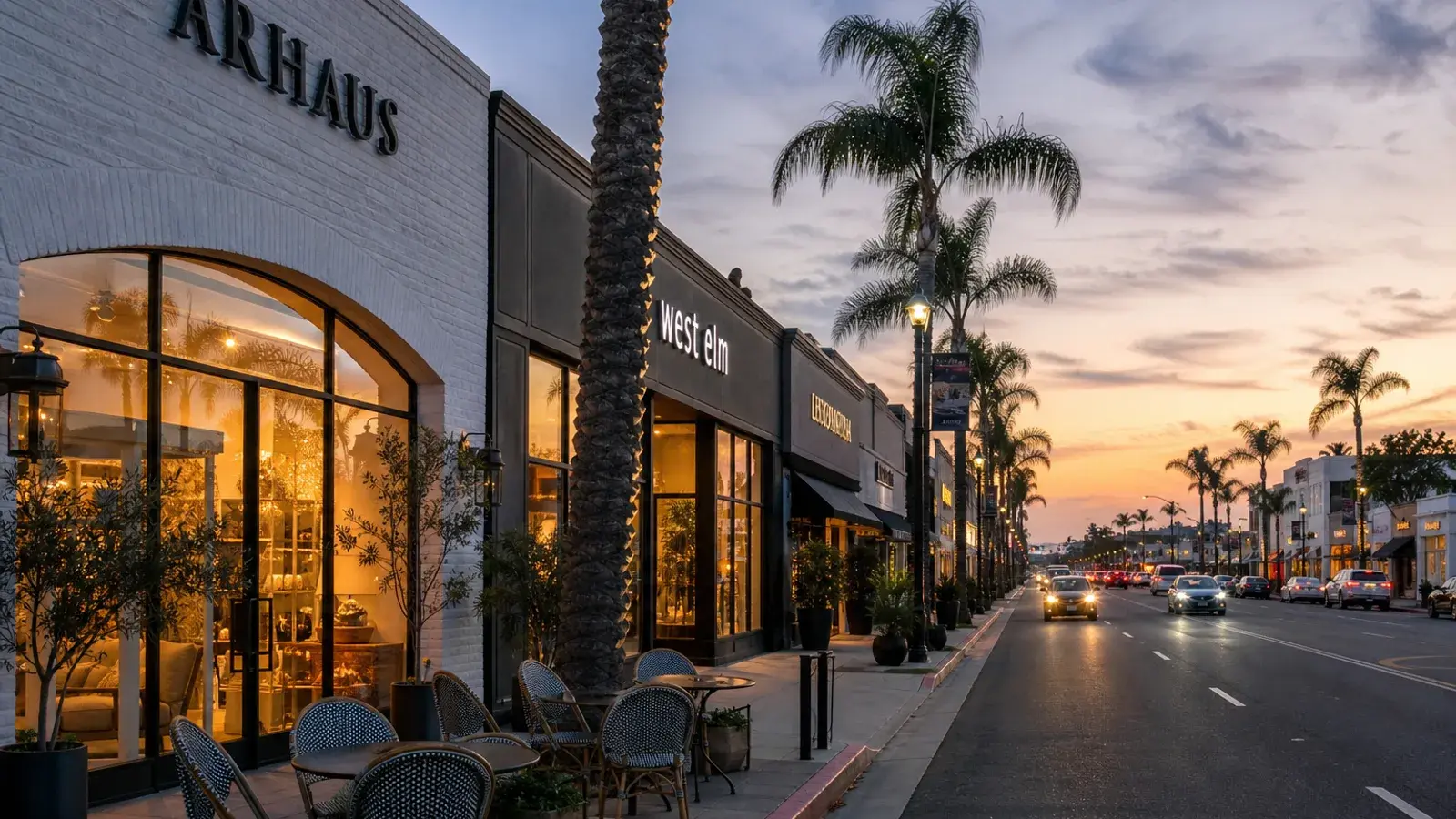 Costa Mesa retail boulevard outdoor storefronts at dusk — Brazilian Butt Lift lifestyle | SurgiSculpt®
