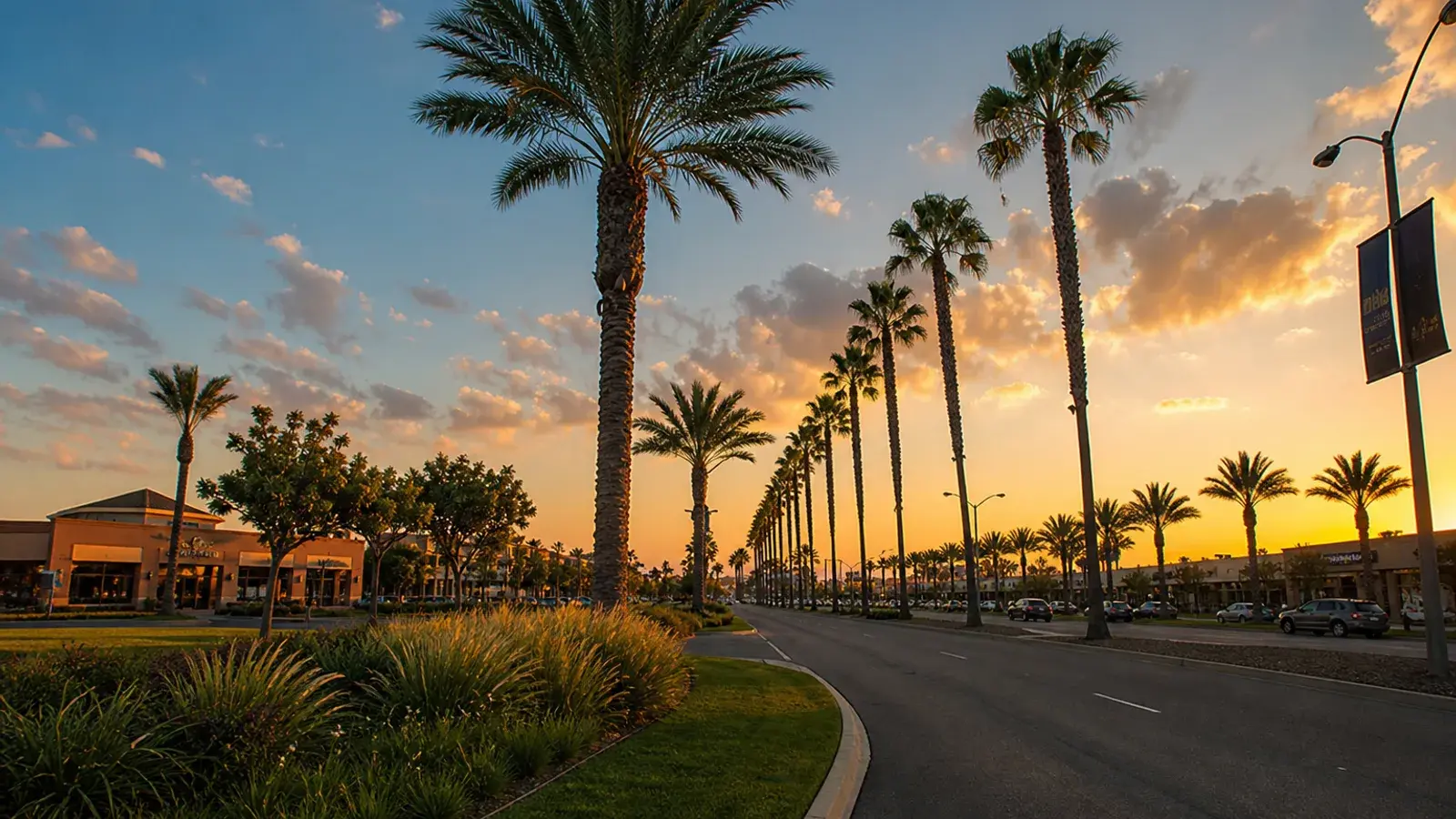 Golden hour palm-lined Costa Mesa boulevard — mommy makeover coastal OC mood | SurgiSculpt®