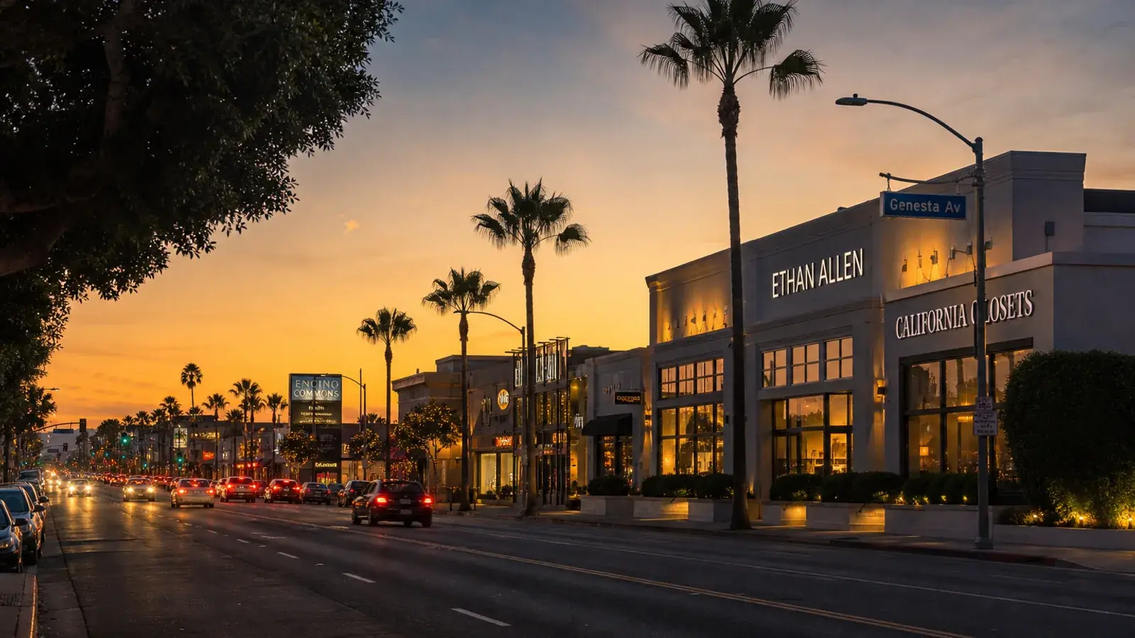 Ventura Boulevard Encino dusk with Valley sky glow — mommy makeover mood | SurgiSculpt®