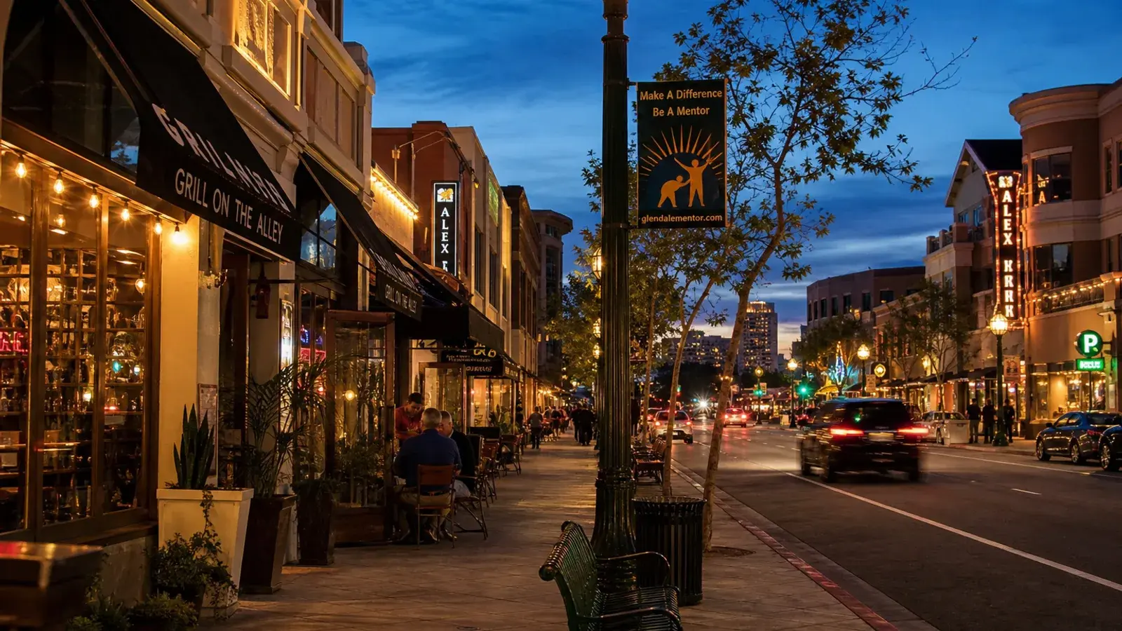 Glendale twilight streetscape with warm storefront glow — breast augmentation recovery mood | SurgiSculpt®