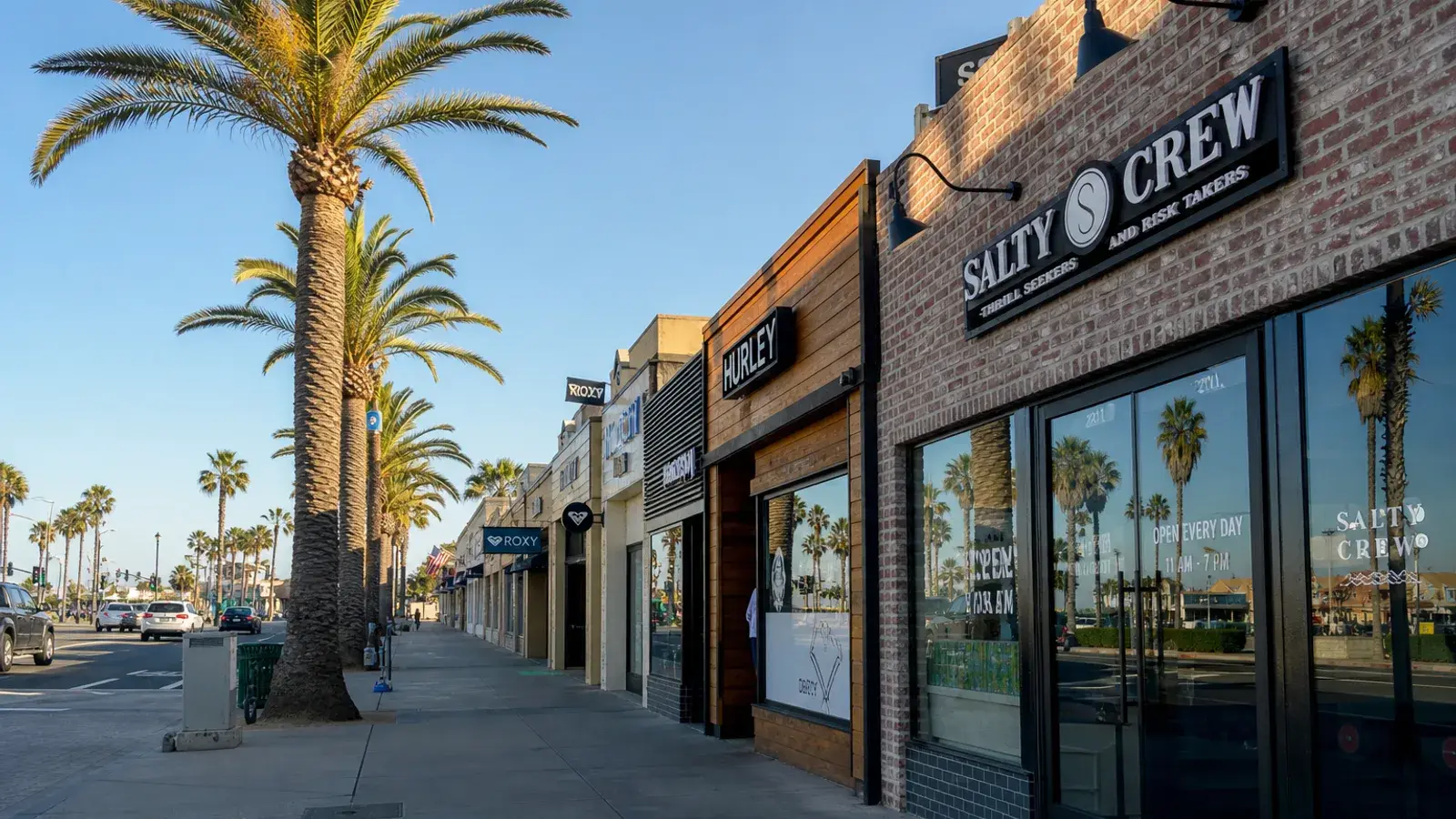 Huntington Beach Main Street outdoor storefronts morning light — HD lipo lifestyle | SurgiSculpt®