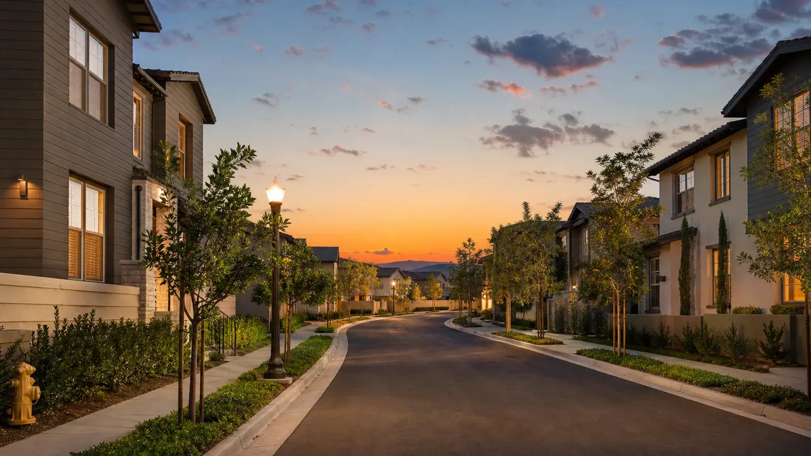 Irvine modern village streetscape at dusk — Brazilian Butt Lift lifestyle | SurgiSculpt®
