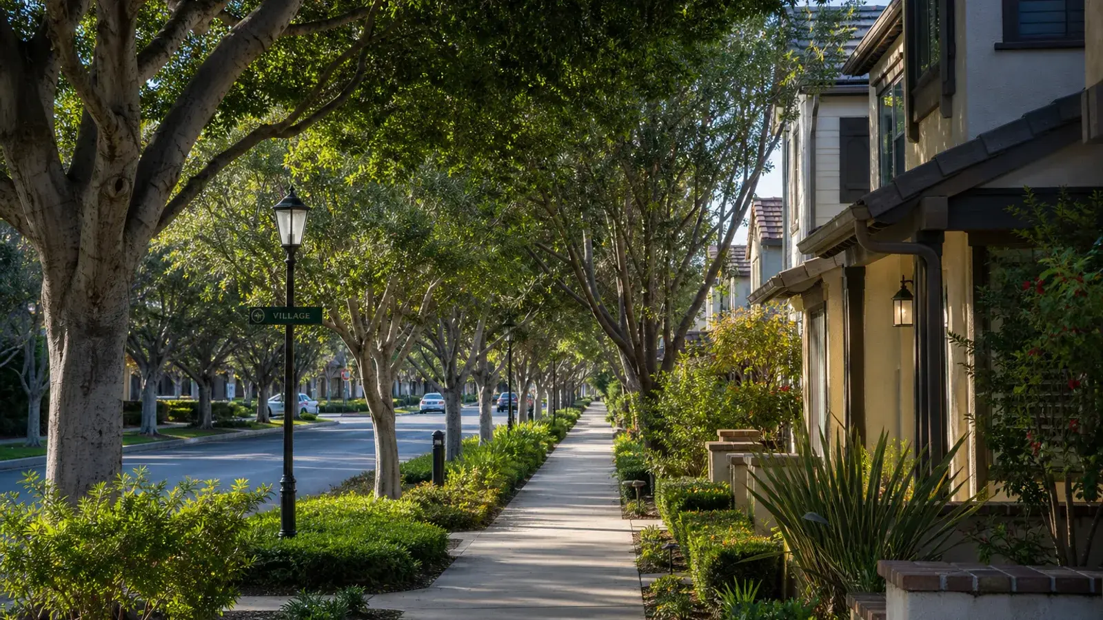 Quiet tree-lined Irvine village sidewalk morning — tummy tuck recovery mood | SurgiSculpt®