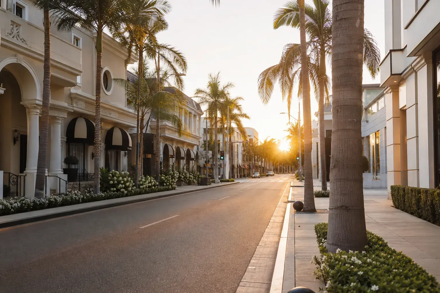 Palm-lined Los Angeles street at golden hour for breast augmentation patient context | SurgiSculpt®
