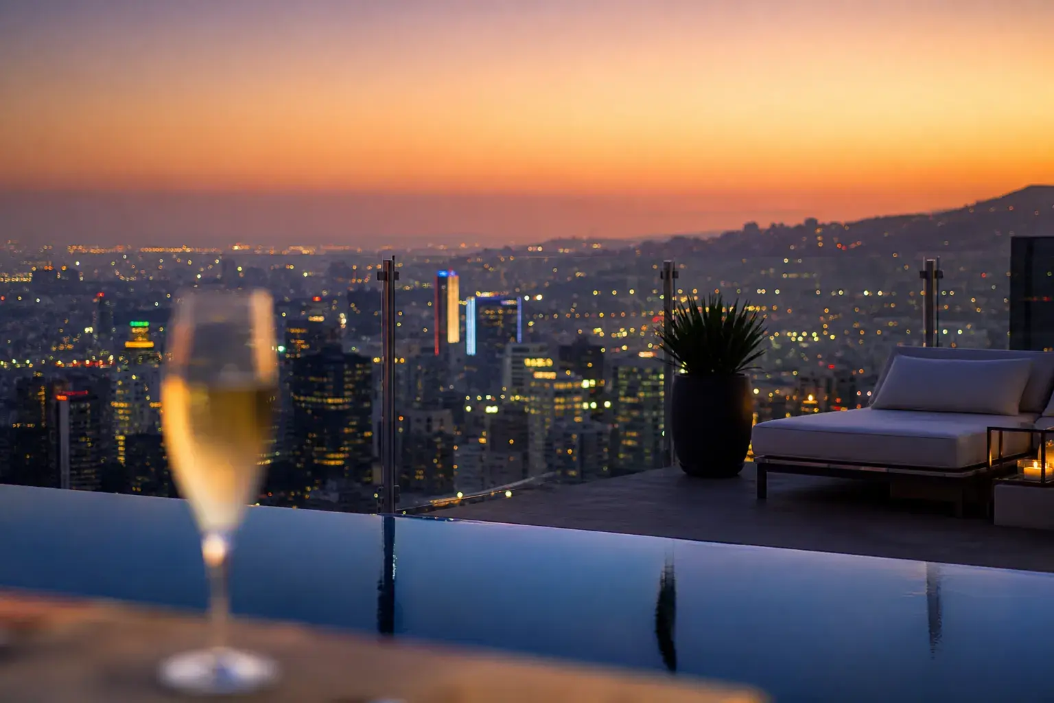Los Angeles evening rooftop city lights — breast augmentation lifestyle context | SurgiSculpt®