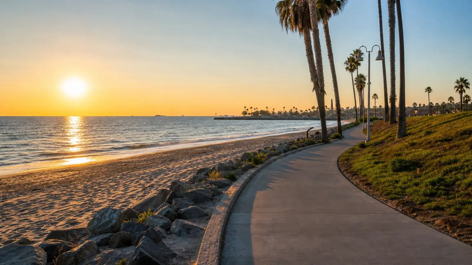 Long Beach shoreline path at golden hour — HD Liposuction lifestyle context | SurgiSculpt®