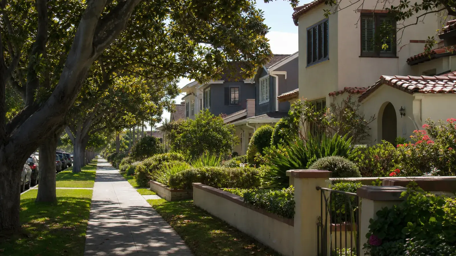 Leafy Long Beach neighborhood sidewalk near the coast — mommy makeover context | SurgiSculpt®