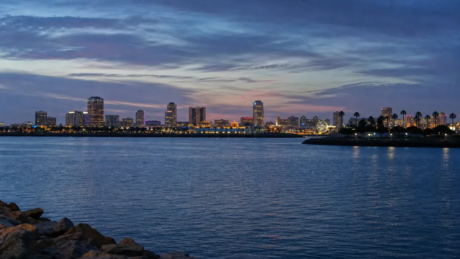 Long Beach bay blue hour with distant skyline lights — mommy makeover mood | SurgiSculpt®