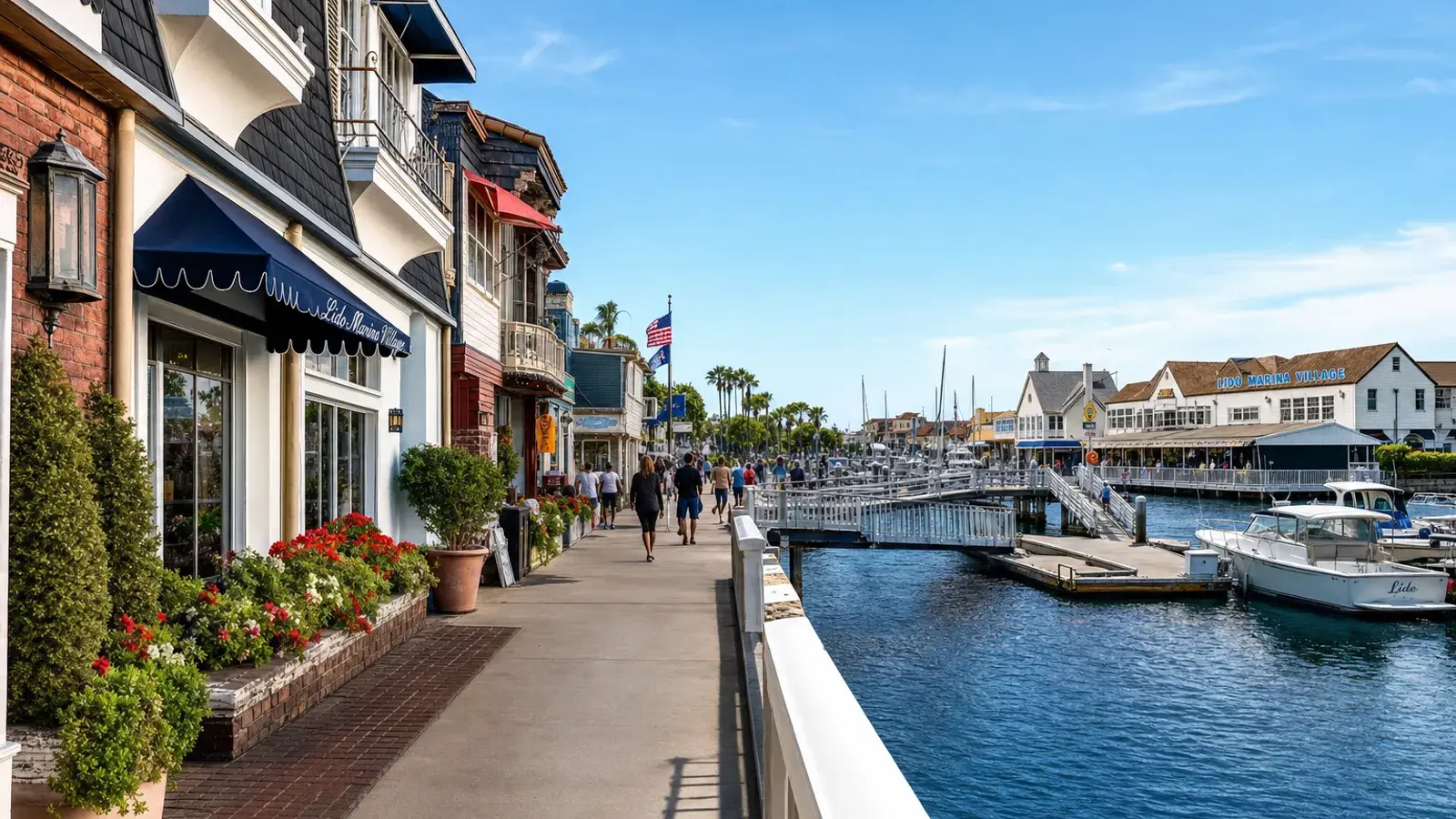 Lido Marina Village outdoor waterfront walkway — BBL Newport Beach lifestyle | SurgiSculpt®