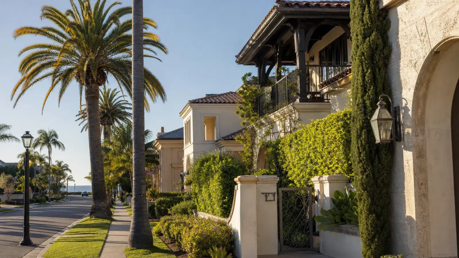 Quiet Newport Beach coastal residential street with palms — tummy tuck recovery mood | SurgiSculpt®