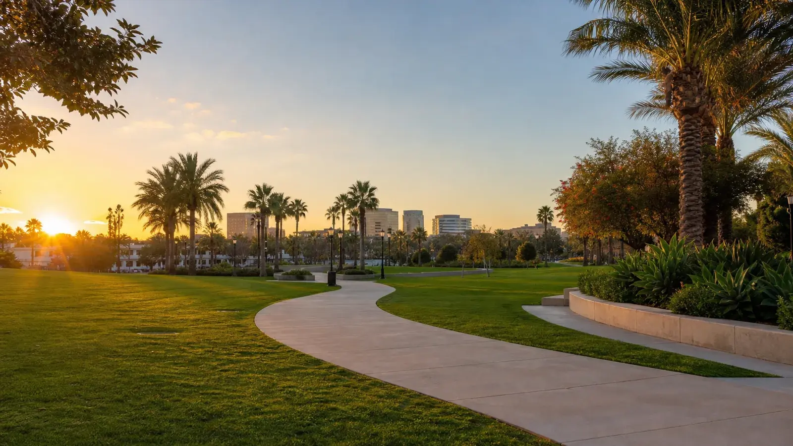 Santa Ana civic green lawns and paths at sunrise — tummy tuck lifestyle | SurgiSculpt®