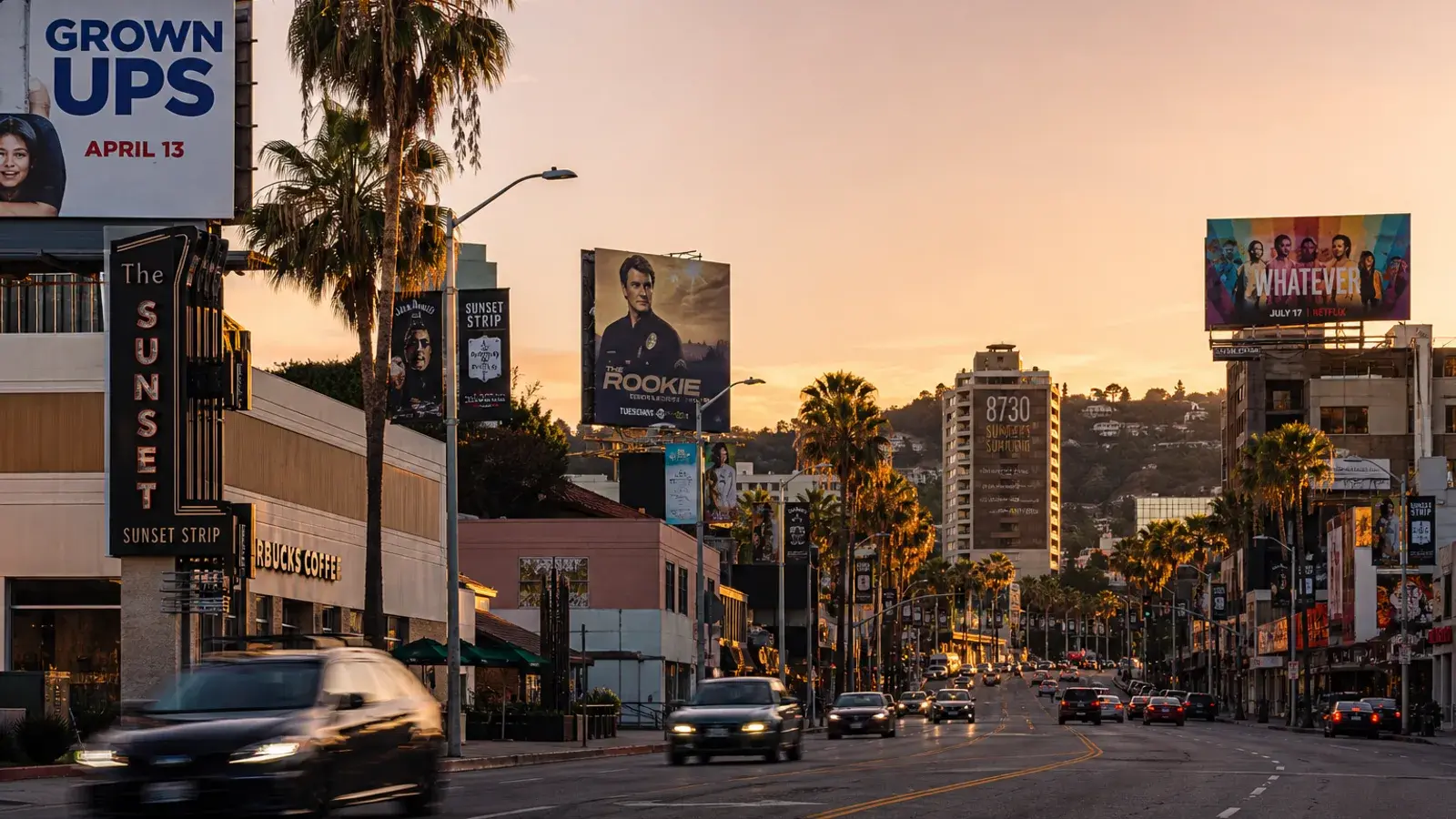 Sunset Strip boulevard at golden hour — West Hollywood HD Liposuction lifestyle context | SurgiSculpt®