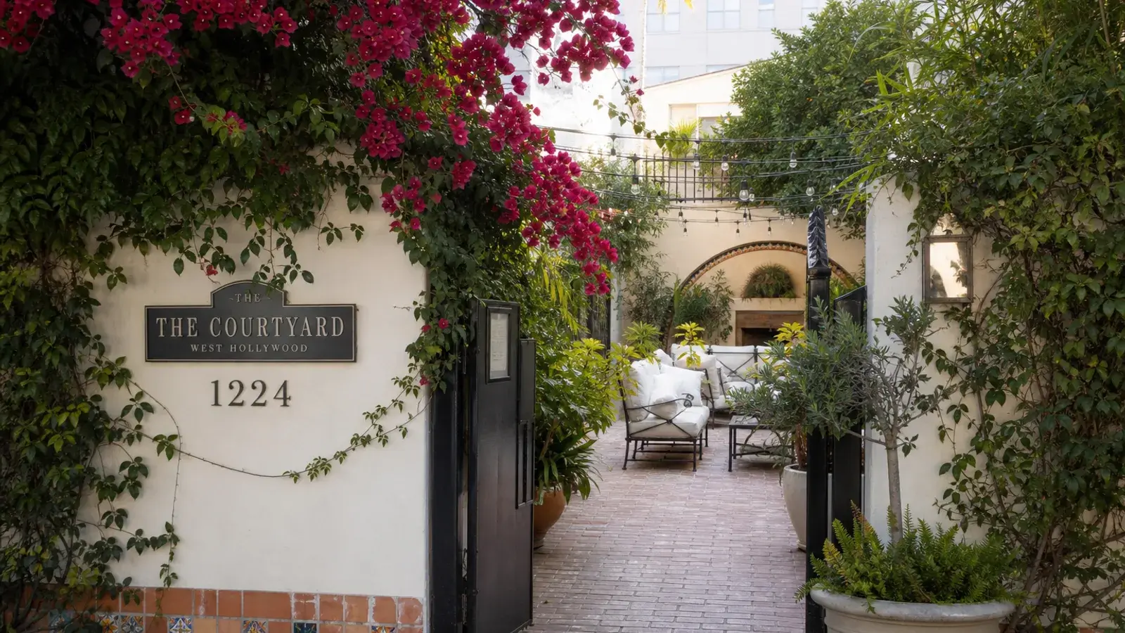 Quiet West Hollywood courtyard exterior with greenery — tummy tuck recovery lifestyle | SurgiSculpt®