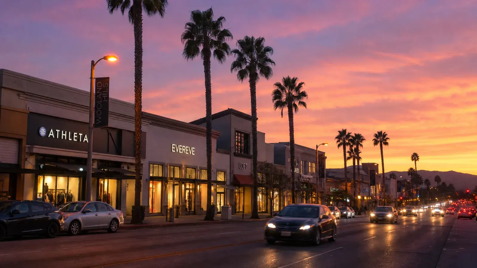Ventura Boulevard shopping plaza exteriors Woodland Hills evening light — mommy makeover mood | SurgiSculpt®