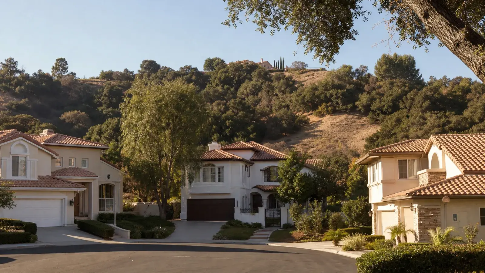 Quiet Woodland Hills residential cul-de-sac with hillside oaks — tummy tuck recovery mood | SurgiSculpt®