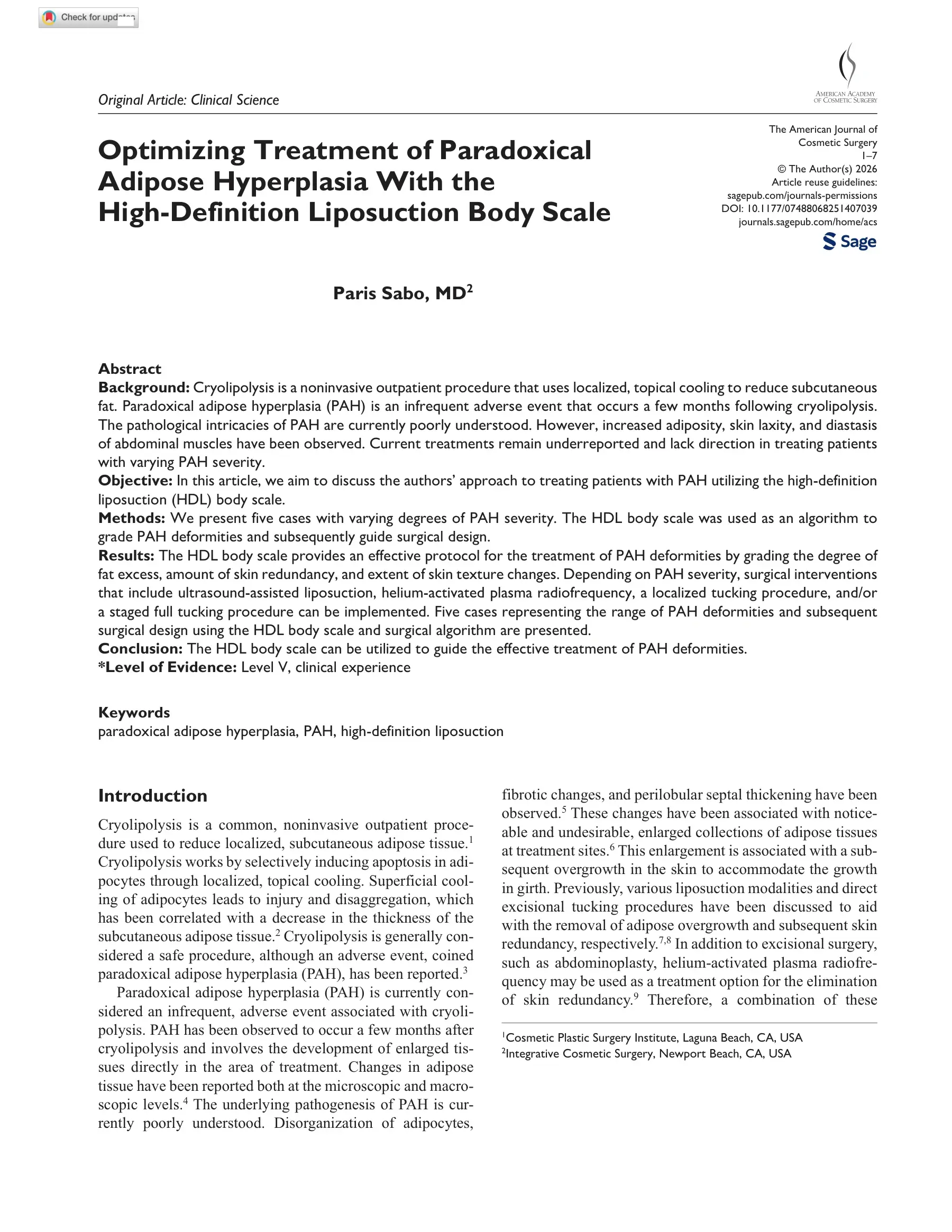 First page of Optimizing Treatment of Paradoxical Adipose Hyperplasia With the High-Definition Liposuction Body Scale