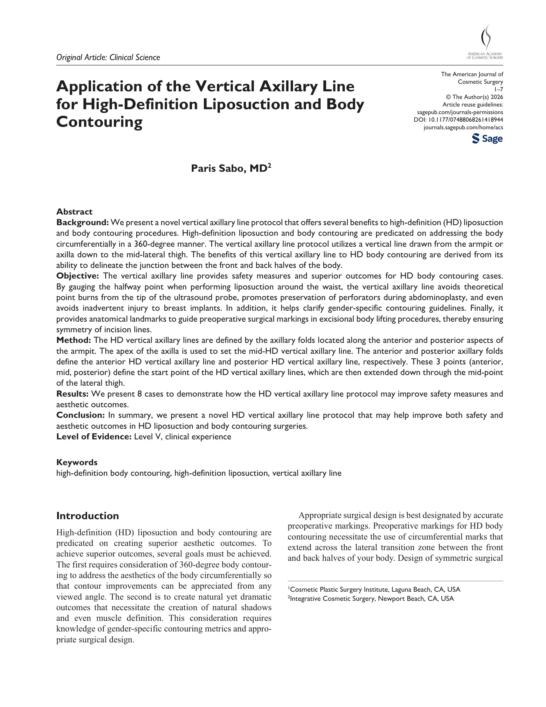 First page of Application of the Vertical Axillary Line for High-Definition Liposuction and Body Contouring