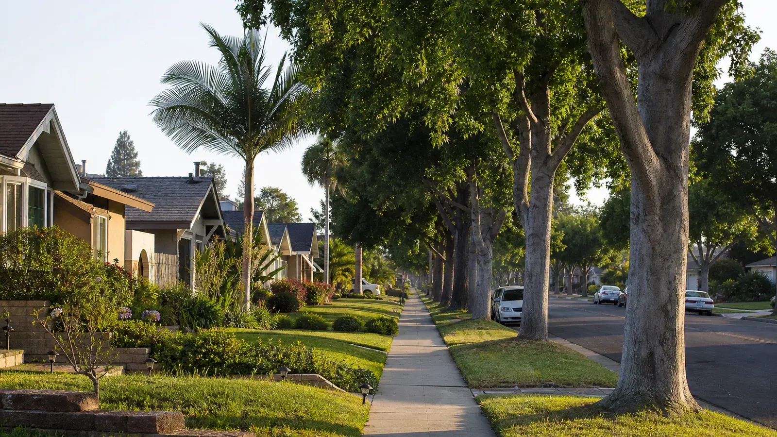 Quiet tree-lined Anaheim residential sidewalk morning — tummy tuck recovery mood Quiet tree-lined Anaheim residential sidewalk morning — tummy tuck recovery mood | SurgiSculpt®