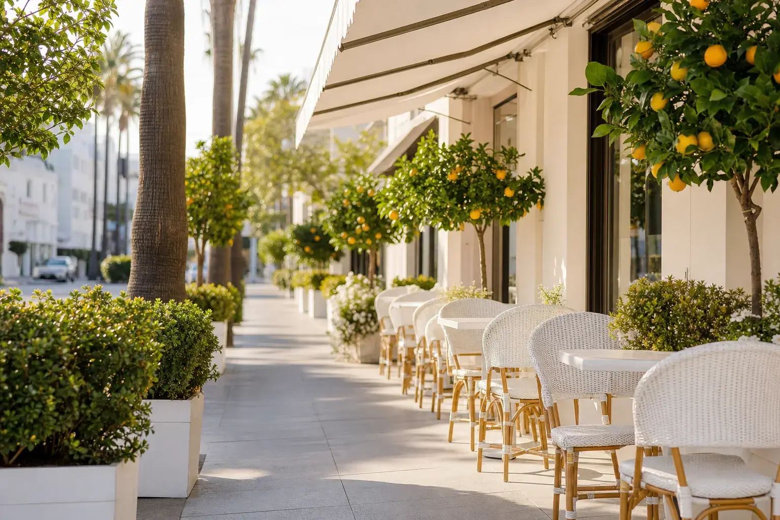 Quiet Beverly Hills cafe terrace morning — tummy tuck recovery lifestyle Quiet Beverly Hills cafe terrace morning — tummy tuck recovery lifestyle | SurgiSculpt®