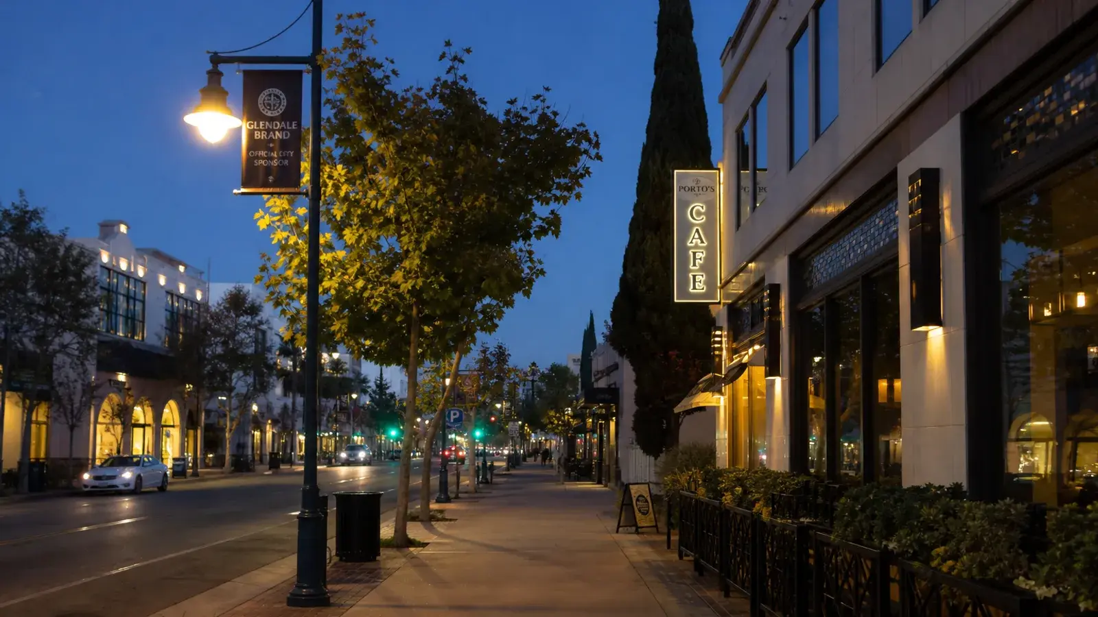 Quiet Glendale street at blue hour — discreet gynecomastia logistics mood Quiet Glendale street at blue hour — discreet gynecomastia logistics mood | SurgiSculpt®