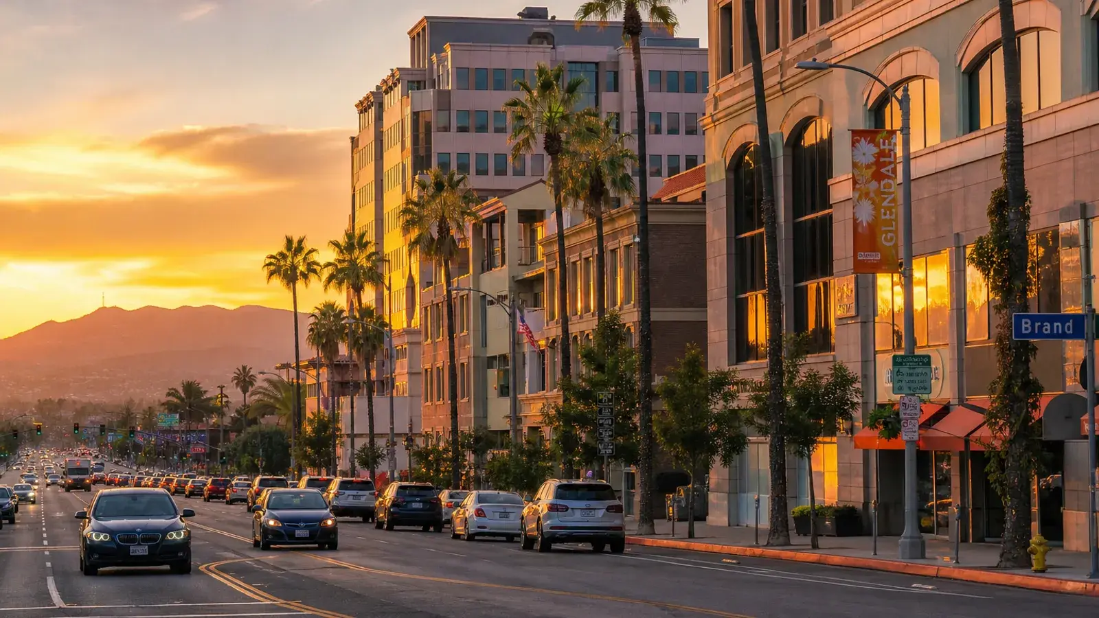 Brand Boulevard streetscape in Glendale at golden hour — HD Liposuction lifestyle context Brand Boulevard streetscape in Glendale at golden hour — HD Liposuction lifestyle context | SurgiSculpt®