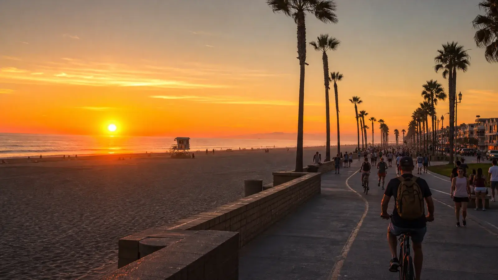 Huntington Beach boardwalk and palm silhouettes at sunset — Brazilian Butt Lift lifestyle Huntington Beach boardwalk and palm silhouettes at sunset — Brazilian Butt Lift lifestyle | SurgiSculpt®