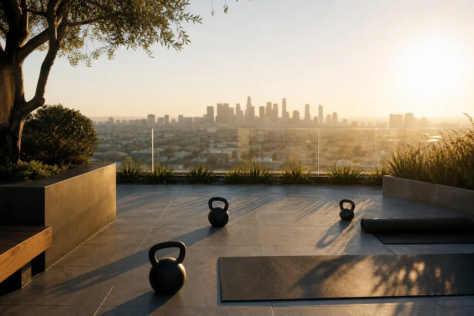 Los Angeles outdoor fitness terrace at sunrise — HD liposuction lifestyle context Los Angeles outdoor fitness terrace at sunrise — HD liposuction lifestyle context | SurgiSculpt®