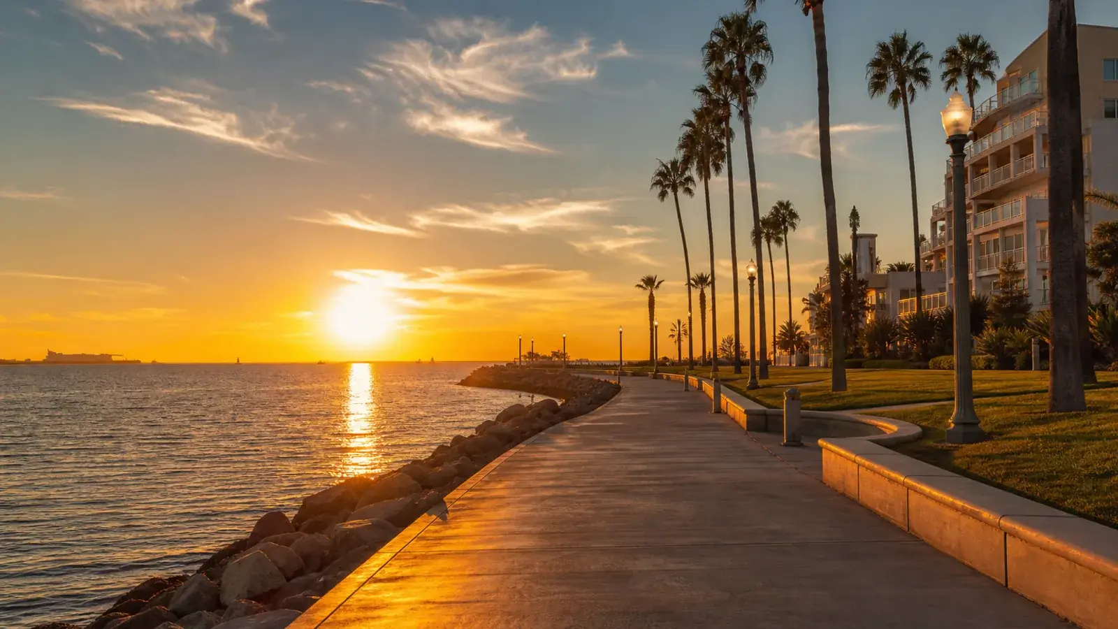 Long Beach waterfront promenade at sunset — Brazilian Butt Lift lifestyle Long Beach waterfront promenade at sunset — Brazilian Butt Lift lifestyle | SurgiSculpt®