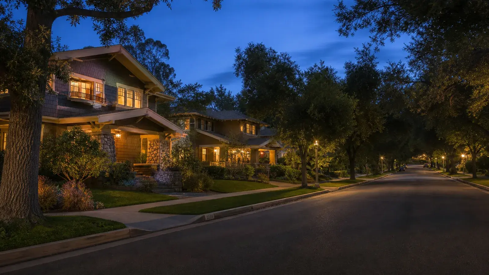 Quiet tree-lined Pasadena residential street at blue hour — discreet logistics mood Quiet tree-lined Pasadena residential street at blue hour — discreet logistics mood | SurgiSculpt®