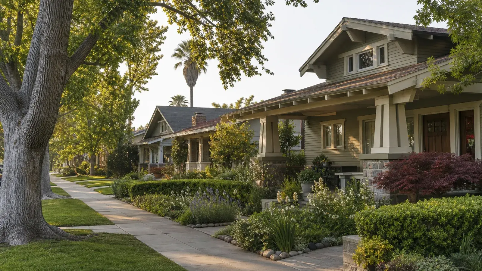 Tree-lined Craftsman bungalow street in Pasadena residential neighborhood Tree-lined Craftsman bungalow street in Pasadena residential neighborhood | SurgiSculpt®
