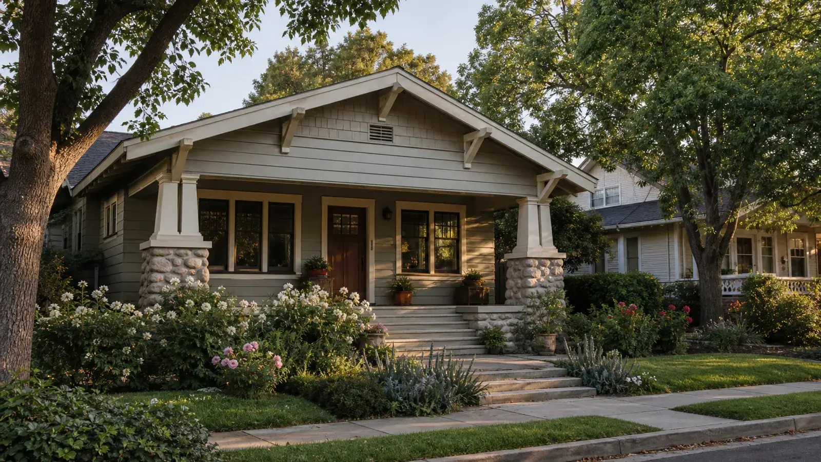 Craftsman bungalow porch and garden street in a Pasadena neighborhood Craftsman bungalow porch and garden street in a Pasadena neighborhood | SurgiSculpt®
