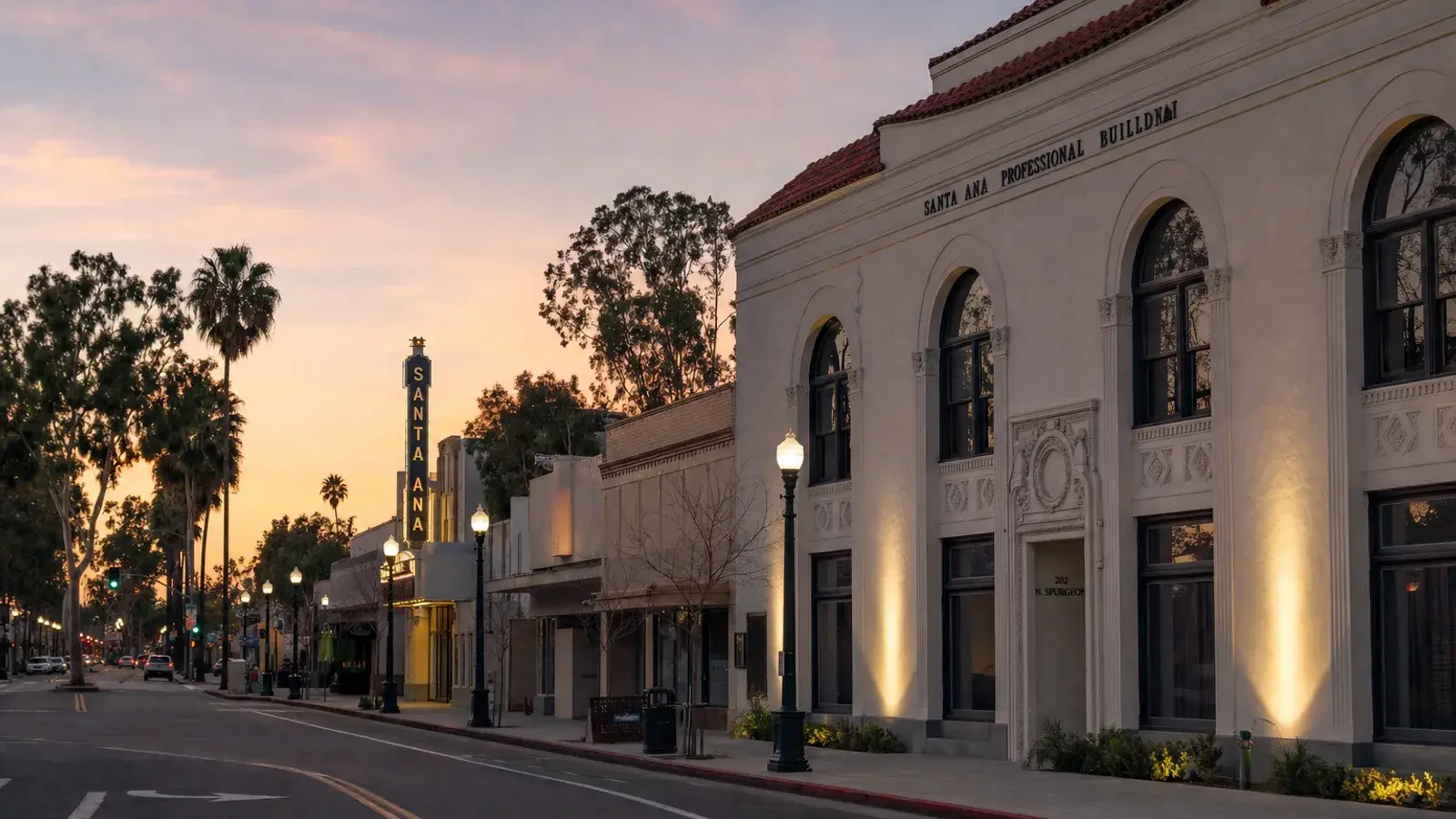 Santa Ana historic district street vista at dusk — breast augmentation context Santa Ana historic district street vista at dusk — breast augmentation context | SurgiSculpt®