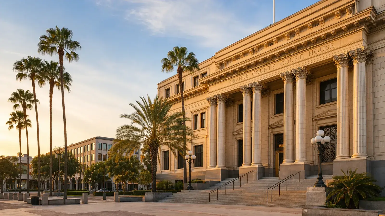 Santa Ana county seat civic exterior plaza and palms at golden hour — HD Liposuction lifestyle Santa Ana county seat civic exterior plaza and palms at golden hour — HD Liposuction lifestyle | SurgiSculpt®