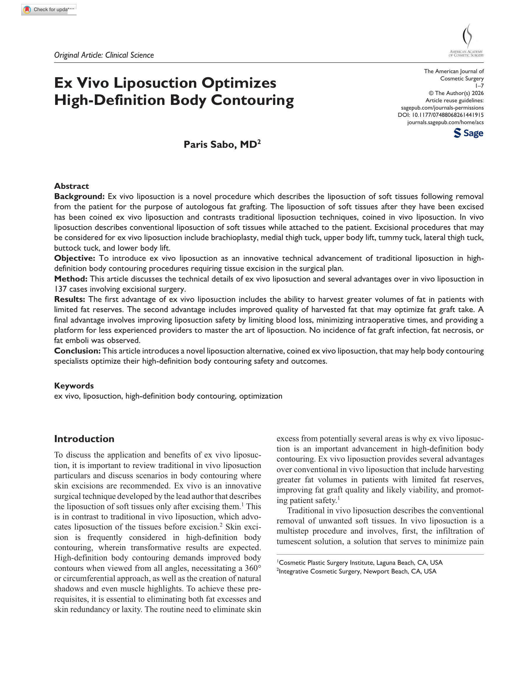 First page of Ex Vivo Liposuction Optimizes High-Definition Body Contouring