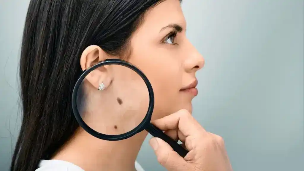 A woman with a magnifying glass examining a skin excision.